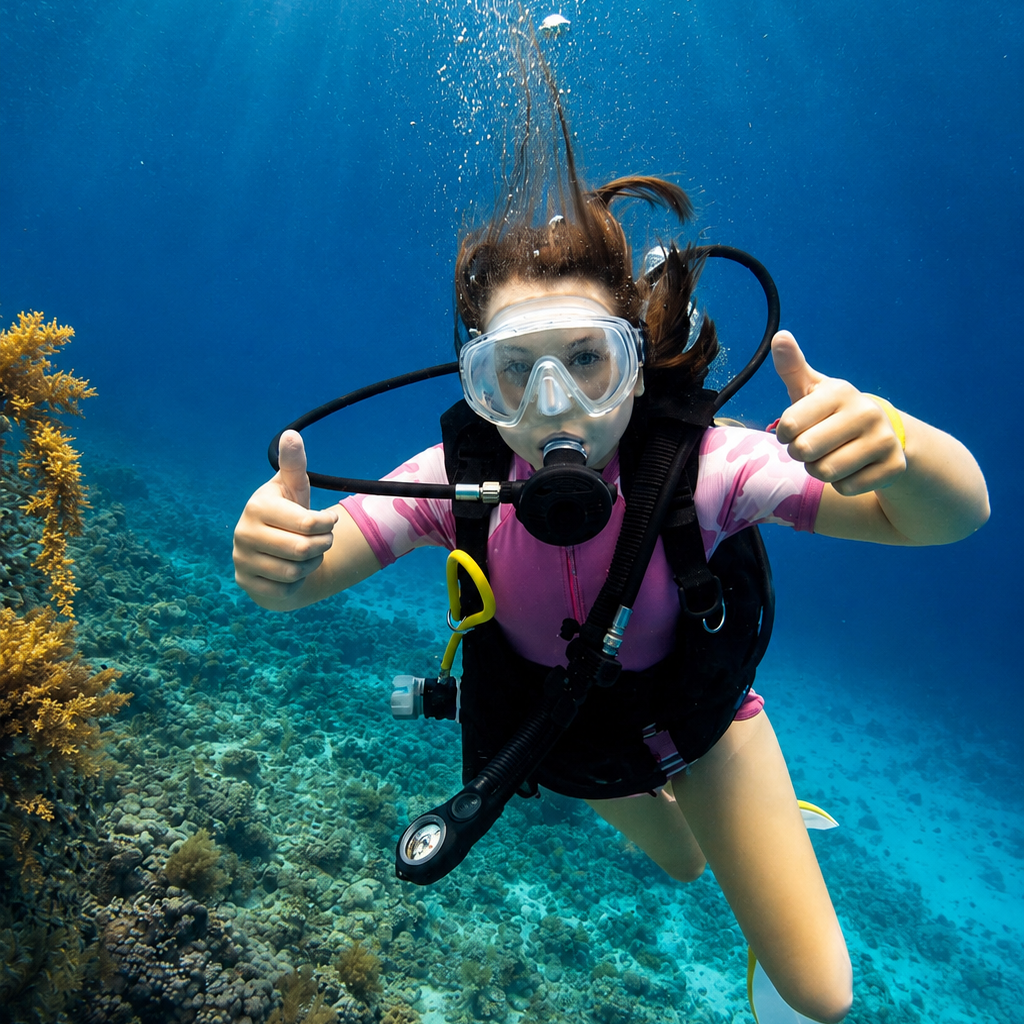 A kids underwater wearing a scuba diving mask and tank, giving two thumbs up while swimming over a coral reef. She is wearing a pink and white striped shirt.