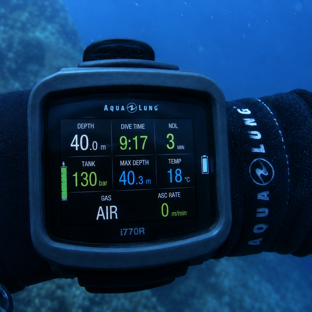 An Aqua Lung dive computer on a black dive wrist strap, showing underwater dive metrics like depth (40.0 m), dive time, NGL, tank pressure, and temperature, with a blue ocean background.