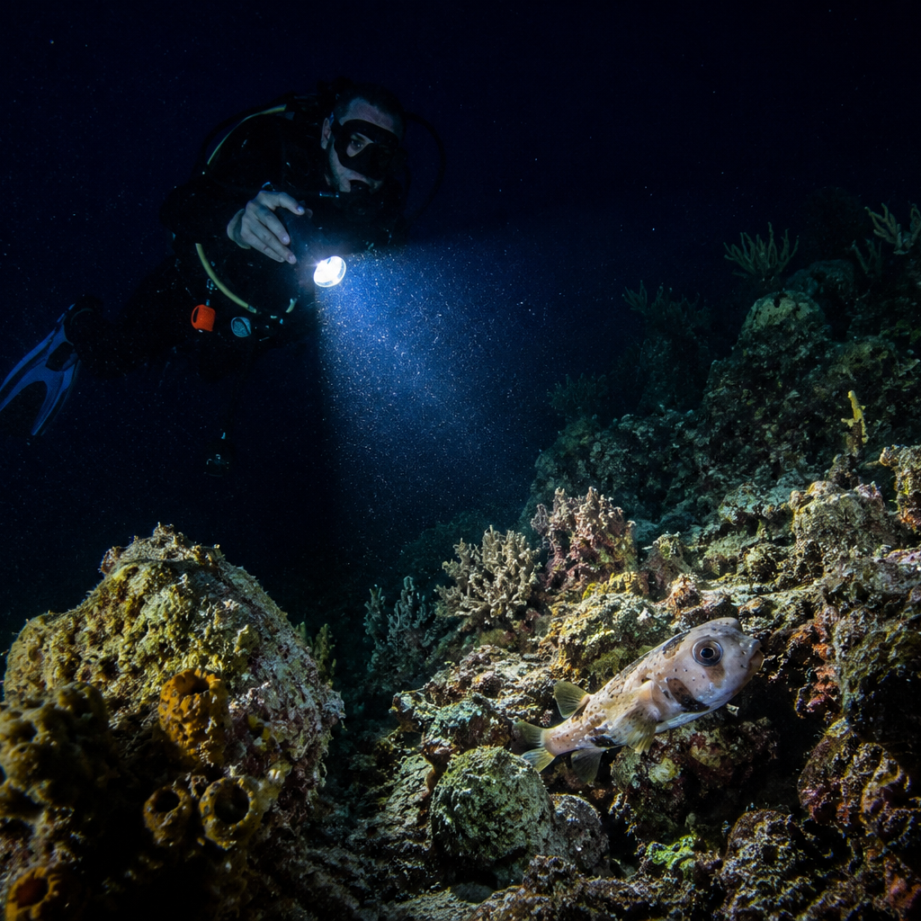 A diver with a flashlight swims above a coral reef at night, with a porcupine fish visible near the reef.