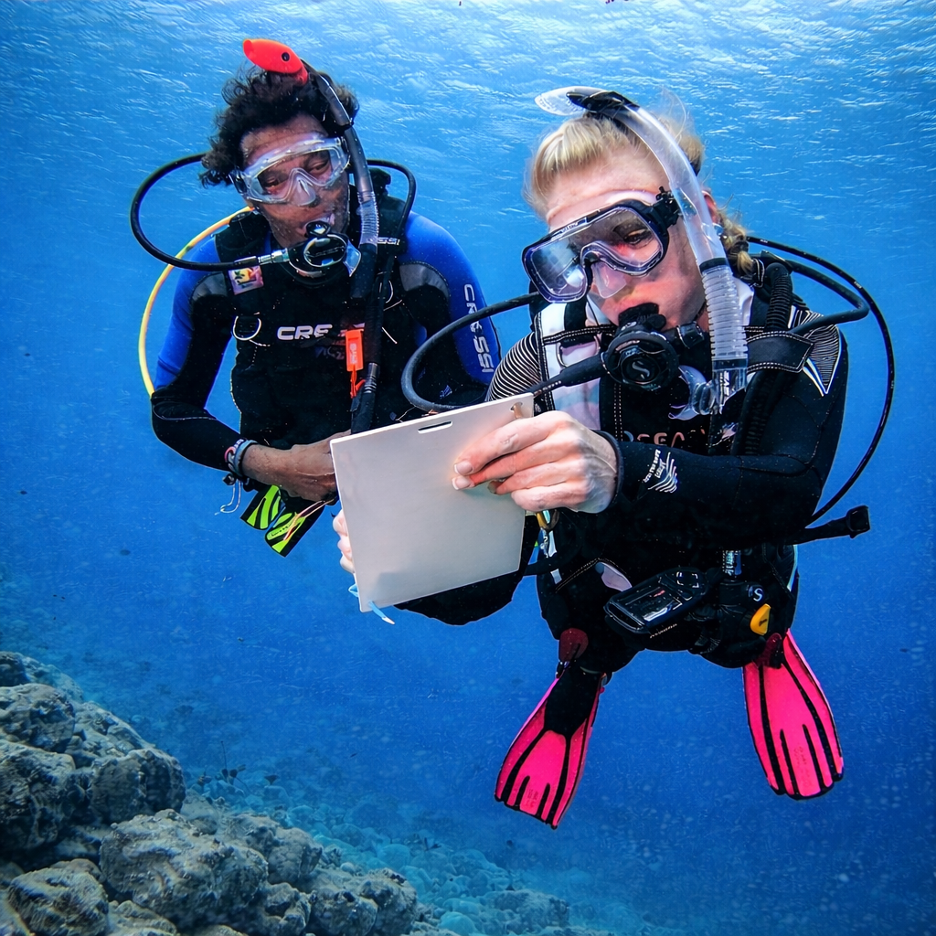 Two scuba divers underwater with one holding a tablet.