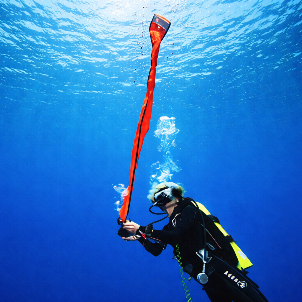 Diver holding a DSMB 