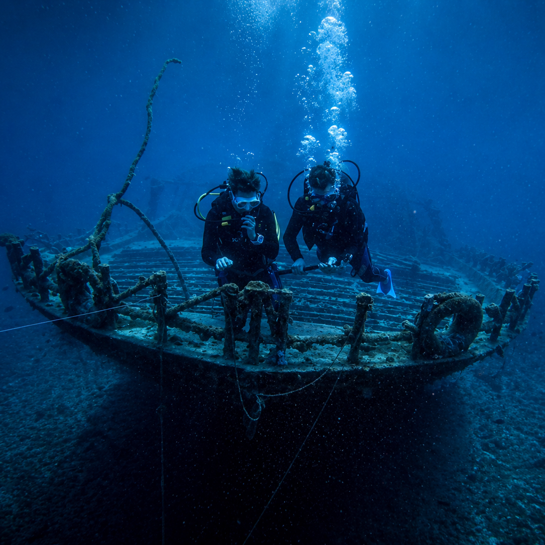 Two scuba divers exploring an underwater shipwreck in Hurghada. 